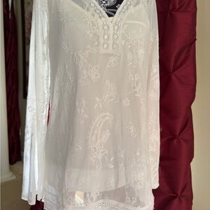 WHBM White Embroidered V-Neck Tunic overlay cream cami